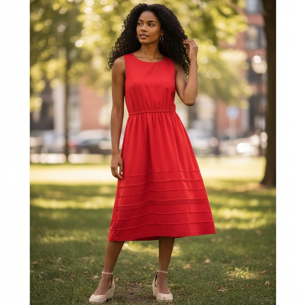Cynthia Rowley Red Sleeveless Pintuck Fit and Flare Cocktail Dress Large